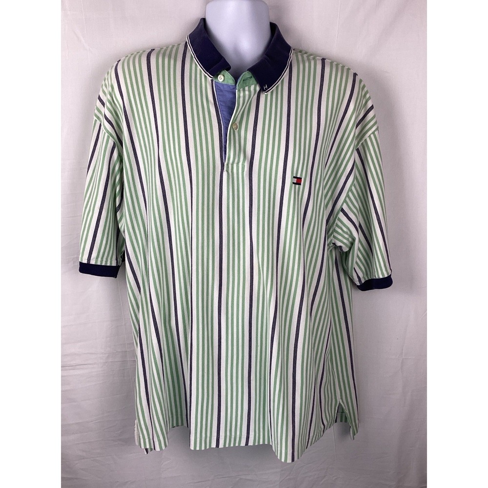 Tommy Hilfiger Vintage 90s Polo Shirt Vertical Green White Blue Stripes Size 2XL